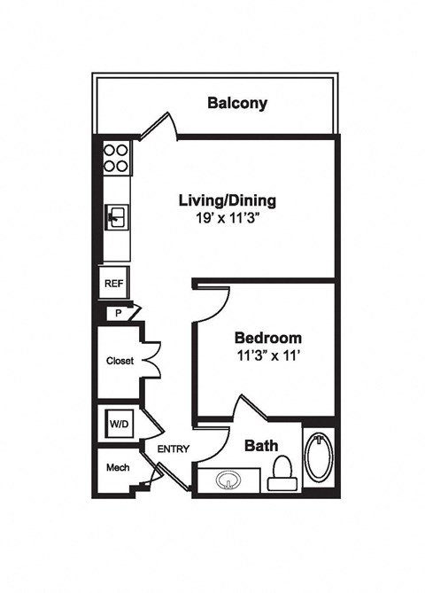 Floor plan for studio, 1 bath, 587 sqft